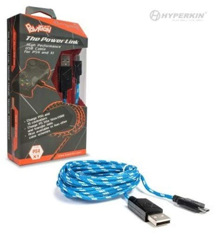"Power Link" Polygon Braided Micro Charge Cable (Blue/ White) (PS4/ Xbox One/ PS Vita) (Hyperkin) NEW (See Note)