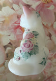 Fenton Art Glass / Sitting Cat / Burmese White Satin with Pink Accent and Roses / Hand-Painted and Signed by Artist A. Farley / Approx. 3 3/4"/ Stamped with Fenton Logo in Glass / No Original Box (Pre-Owned)