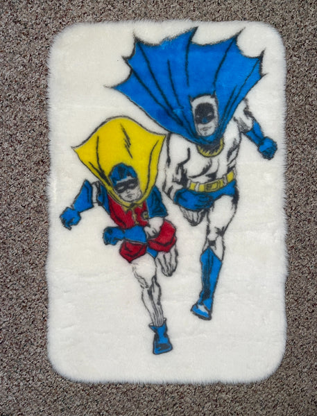 BATMAN with ROBIN, The BOY WONDER Bath Rug / 1966 / RARE FIND!! / Homemaker Rugs, Inc. / B.G. Blum Associates Sales / Made in USA / Approx. 19" x 28" / Pre-Owned but Appears to have never been used