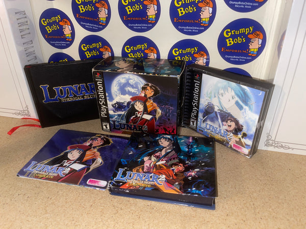 Lunar 2 Eternal Blue Complete (Playstation 1) Pre-Owned: Complete (3 Game Discs, 1 Music CD, 1 "Making of Lunar 2" Disc, Artbook/Manual, Pendant w/ Bag, Map, 17 Mini-standees, Case, and Box) (PICTURE)