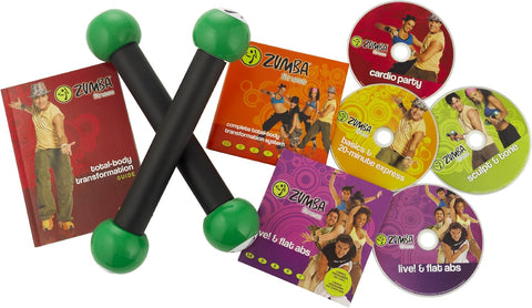 Zumba Fitness Total Body Transformation System (DVD Set) Pre-Owned: 4 DVDs, Guide, and 2 Toning Sticks