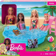 Barbie: Pool Playset with Pink Slide, Beverage Accessories and Towel + Doll in Tropical Swimsuit (Mattel) NEW