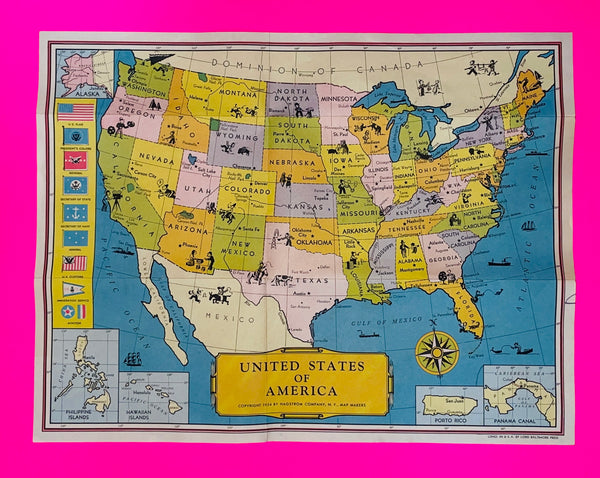 Vintage Illustrated Map of the United States of America / 10" X 13" - Folded as Seen in Pictures / Copyright 1934 / Hagstrom Company N.Y. Map Makers / Pre-Owned