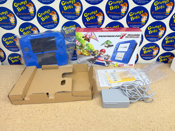 System - Electric Blue 2 (Blue & Black) (Nintendo 2DS) Pre-Owned w/ Stylus, Charger, Quick Start Insert, AR Cards, Cardboard Insert, and Mario Kart 7 Edition Box (Matching Serial Number) (As Pictured)