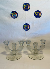 Pair of Vintage Pressed Glass Double Arm Candlestick Holders with Etched Flowers - Pre-Owned (Pictured)