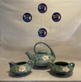 White Rose Tea Set in Blue (1940's) (Roseville USA) Pre-Owned (Includes: Tea Pot with Lid, Cream and Sugar) Pictured