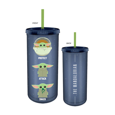The Mandalorian Protect Attach Travel Cup with Lid and Straw - 11" (Silver Buffalo) NEW
