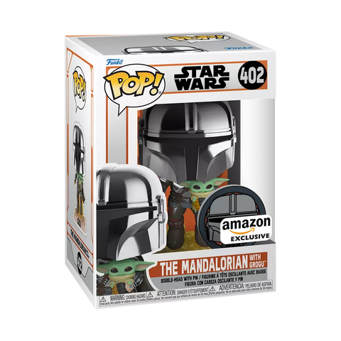 POP! Star Wars #402: The Mandalorian with Grogu (Amazon Exclusive - Sticker is Pealing/Torn) (Funko POP!) Figure and Box w/ Protector