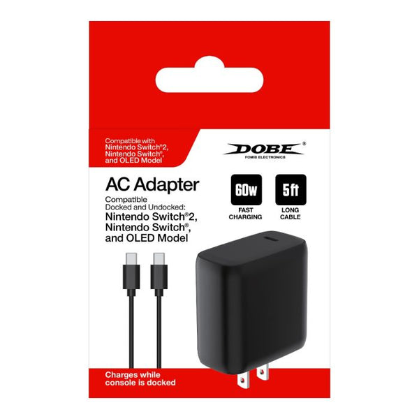 AC Adapter Docked and Undocked for Switch, Switch 2, and OLED (Dobe) NEW