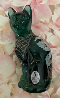 Fenton Art Glass / Stylized Sitting Cat / Approx. 5" / Green Spruce w/ Hand-Painted Poinsettia w/ Gold Accent / 1985-1996 Fenton Label / Catalog #5065SB / See Notes / Signed by Artist K. (Karen) Easton   No Original Box (Pre-Owned)