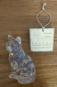 Fenton Art Glass / Sitting Cat / Clear Opalescent with Flowers / 1985-1996 Fenton Label / Stamped with Fenton Logo in Glass / Approx. 3 3/4" / Hand-Painted and Signed by Artist D. (Dianna) Barbour / With Tag / No Original Box (Pre-Owned)