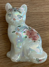 Fenton Art Glass / Sitting Cat / White Opalescent with Heart and Flowers / 1985-1996 Fenton Label / Stamped with Fenton Logo in Glass / Signed by Artist C. Smith / Approx 3 3/4" / No Original Box (Pre-Owned)
