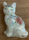Fenton Art Glass / Sitting Cat / White Opalescent with Heart and Flowers / 1985-1996 Fenton Label / Stamped with Fenton Logo in Glass / Signed by Artist C. Smith / Approx 3 3/4" / No Original Box (Pre-Owned)