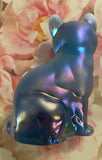 Fenton Art Glass / Sitting Cat / Blue Satin Carnival / #5165LR on Original Price Sticker /  1985-1996 Fenton Label /Stamped with Fenton Logo in Glass / Approx. 3 3/4" / No Original Box (Pre-Owned)