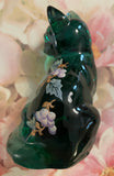 Fenton Art Glass / Blue/Green Sitting Cat /5165 EM / Hand-Painted Grapes and Leaves / 1985-1996 Label / Fenton Stamp / Approx 3 3/4"/ Signed Jo Huffman / No Original Box (Pre-Owned)