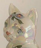Fenton Art Glass / Sitting Cat / White Opalescent with Heart and Flowers / 1985-1996 Fenton Label / Stamped with Fenton Logo in Glass / Signed by Artist C. Smith / Approx 3 3/4" / No Original Box (Pre-Owned)