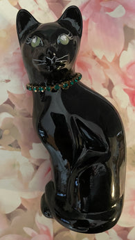 Fenton Art Glass / Stylized Sitting Cat / Approx. 5"/ Black Glass, Green Rhinestone Collar, Yellow(?) Eyes / 1985-1996 Fenton Label / Stamped with Fenton Logo in Glass / See Notes / No Original Box (Pre-Owned)