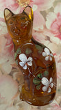 Fenton Art Glass / Stylized Sitting Cat / Autumn Gold w/ Hand-Painted Flowers by A. Farley / Approx. 5"/ Stamped with Fenton Logo / Includes Original Fenton Gift Shop Price Sticker / "F" Mark: 'Preferred Seconds' / See Notes / No Original Box (Pre-Owned)