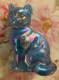 Fenton Art Glass / Sitting Cat / Blue Satin Carnival / #5165LR on Original Price Sticker /  1985-1996 Fenton Label /Stamped with Fenton Logo in Glass / Approx. 3 3/4" / No Original Box (Pre-Owned)
