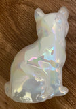 Fenton Art Glass / Sitting Cat / White Opalescent with Heart and Flowers / 1985-1996 Fenton Label / Stamped with Fenton Logo in Glass / Signed by Artist C. Smith / Approx 3 3/4" / No Original Box (Pre-Owned)