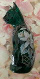 Fenton Art Glass / Stylized Sitting Cat / Approx. 5" / Green Spruce w/ Hand-Painted Poinsettia w/ Gold Accent / 1985-1996 Fenton Label / Catalog #5065SB / See Notes / Signed by Artist K. (Karen) Easton   No Original Box (Pre-Owned)