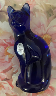 Fenton Art Glass / Stylized Sitting Cat / Approx. 5"/ Cobalt Blue Glass / 1985-1996 Fenton Label / Stamped with Fenton Logo in Glass / No Original Box (Pre-Owned)
