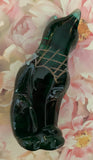 Fenton Art Glass / Stylized Sitting Cat / Approx. 5" / Green Spruce w/ Hand-Painted Poinsettia w/ Gold Accent / 1985-1996 Fenton Label / Catalog #5065SB / See Notes / Signed by Artist K. (Karen) Easton   No Original Box (Pre-Owned)