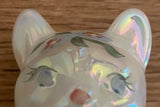 Fenton Art Glass / Sitting Cat / White Opalescent with Heart and Flowers / 1985-1996 Fenton Label / Stamped with Fenton Logo in Glass / Signed by Artist C. Smith / Approx 3 3/4" / No Original Box (Pre-Owned)