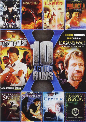 Action Pack: (L.A. Street Fighters / Ring of Fire 3: Lion Strike / Laser Mission / Jackie Chan's Project A / The Accidental Spy / Logan's War: Bound By Honor / Snake-Crane Secret / Supercop / Cypher / Screaming Ninja) (DVD) Pre-Owned