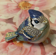 Hinged Bird Trinket/Pill Box / Enamel over Metal, Rhinestone Accented / Blues and White with Gold Colored Accents / Approx 2 1/2" (Pre-Owned)