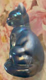 Fenton Art Glass / Sitting Cat / Blue Satin Carnival / #5165LR on Original Price Sticker /  1985-1996 Fenton Label /Stamped with Fenton Logo in Glass / Approx. 3 3/4" / No Original Box (Pre-Owned)