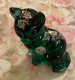 Fenton Art Glass / Blue/Green Sitting Cat /5165 EM / Hand-Painted Grapes and Leaves / 1985-1996 Label / Fenton Stamp / Approx 3 3/4"/ Signed Jo Huffman / No Original Box (Pre-Owned)