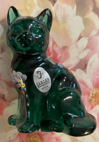 Fenton Art Glass / Blue/Green Sitting Cat /5165 EM / Hand-Painted Grapes and Leaves / 1985-1996 Label / Fenton Stamp / Approx 3 3/4"/ Signed Jo Huffman / No Original Box (Pre-Owned)