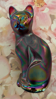 Fenton Art Glass / Stylized Sitting Cat / Approx. 5"/ Purple (?) Carnival - See Pictures / No Paper Label / Stamped with Fenton Logo in Glass / No Chips or Cracks / Original Box (Pre-Owned)
