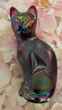 Fenton Art Glass / Stylized Sitting Cat / Approx. 5"/ Purple (?) Carnival - See Pictures / No Paper Label / Stamped with Fenton Logo in Glass / No Chips or Cracks / Original Box (Pre-Owned)