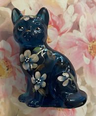 Fenton Art Glass / Sitting Cat / Indigo Blue Glass / Cherry Blossoms /  1985-1996 Fenton Label and Original Price, Catalog Number and Barcode Label on Bottom / Stamped with Fenton Logo in Glass / Approx. 3 3/4" / No Original Box (Pre-Owned)