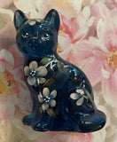 Fenton Art Glass / Sitting Cat / Indigo Blue Glass / Cherry Blossoms /  1985-1996 Fenton Label and Original Price, Catalog Number and Barcode Label on Bottom / Stamped with Fenton Logo in Glass / Approx. 3 3/4" / No Original Box (Pre-Owned)
