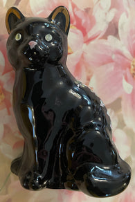 Fenton Art Glass / Sitting Cat / Black Glass w/Roses / Approx. 4" / See Note Re: Label / Hand-Painted by V. Gherke / Stamped with Fenton Logo in Glass / No Original Box (Pre-Owned)