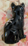 Fenton Art Glass / Sitting Cat / Black Glass w/Roses / Approx. 4" / See Note Re: Label / Hand-Painted by V. Gherke / Stamped with Fenton Logo in Glass / No Original Box (Pre-Owned)