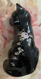 Fenton Art Glass / Sitting Cat / Black Glass w/Roses / Approx. 4" / See Note Re: Label / Hand-Painted by V. Gherke / Stamped with Fenton Logo in Glass / No Original Box (Pre-Owned)