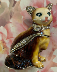 Hinged Cat Trinket/Pill Box / Enamel over Metal, Rhinestone Accented / Brown and Beige/Tan with Gold Colored Accents / Approx 2 1/2" (Pre-Owned)