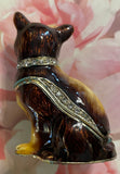 Hinged Cat Trinket/Pill Box / Enamel over Metal, Rhinestone Accented / Brown and Beige/Tan with Gold Colored Accents / Approx 2 1/2" (Pre-Owned)