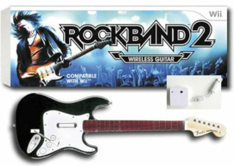 Rock Band Fender Stratocaster Guitar - Wireless Controller [Black & White w/ Dark Brown Handle] (Nintendo Wii) Pre-Owned w/ Dongle